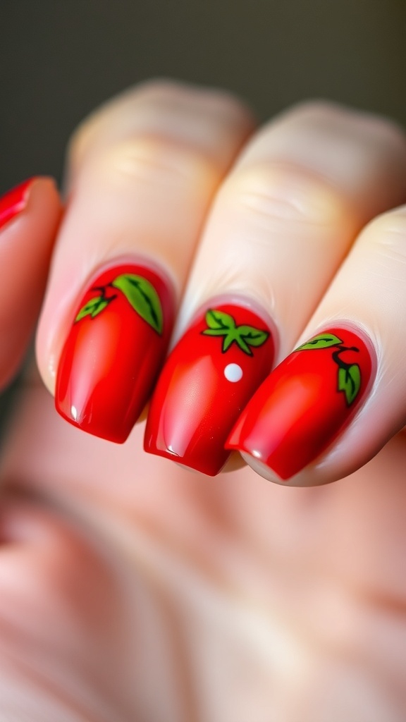 Close-up of tomato nail art design with red tomatoes and green leaves on a glossy red nail polish.